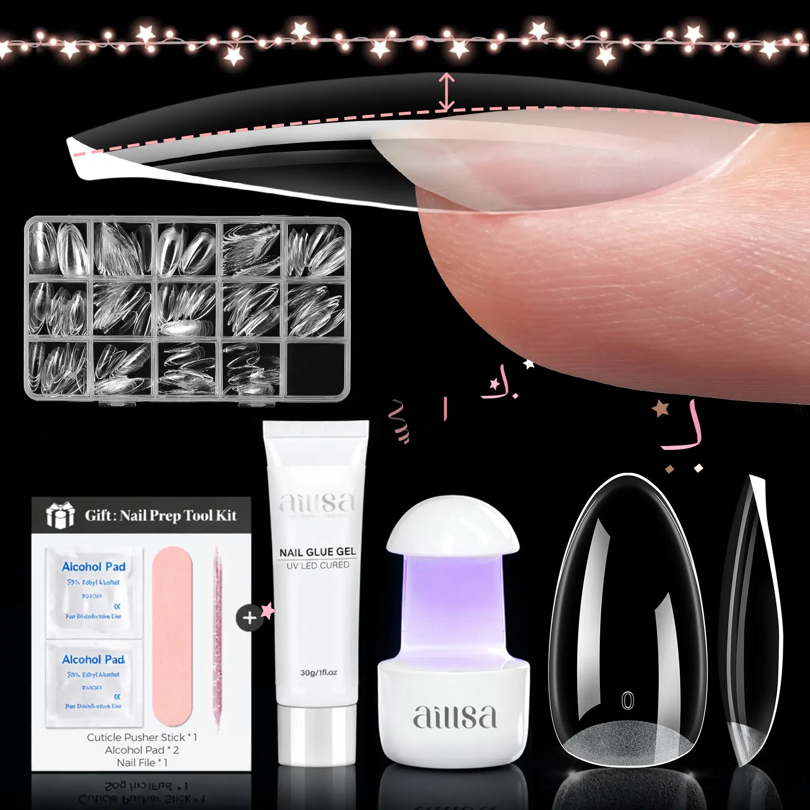 Aillsa Staybond Press on Nail Kit with Gel Glue & UV Lamp