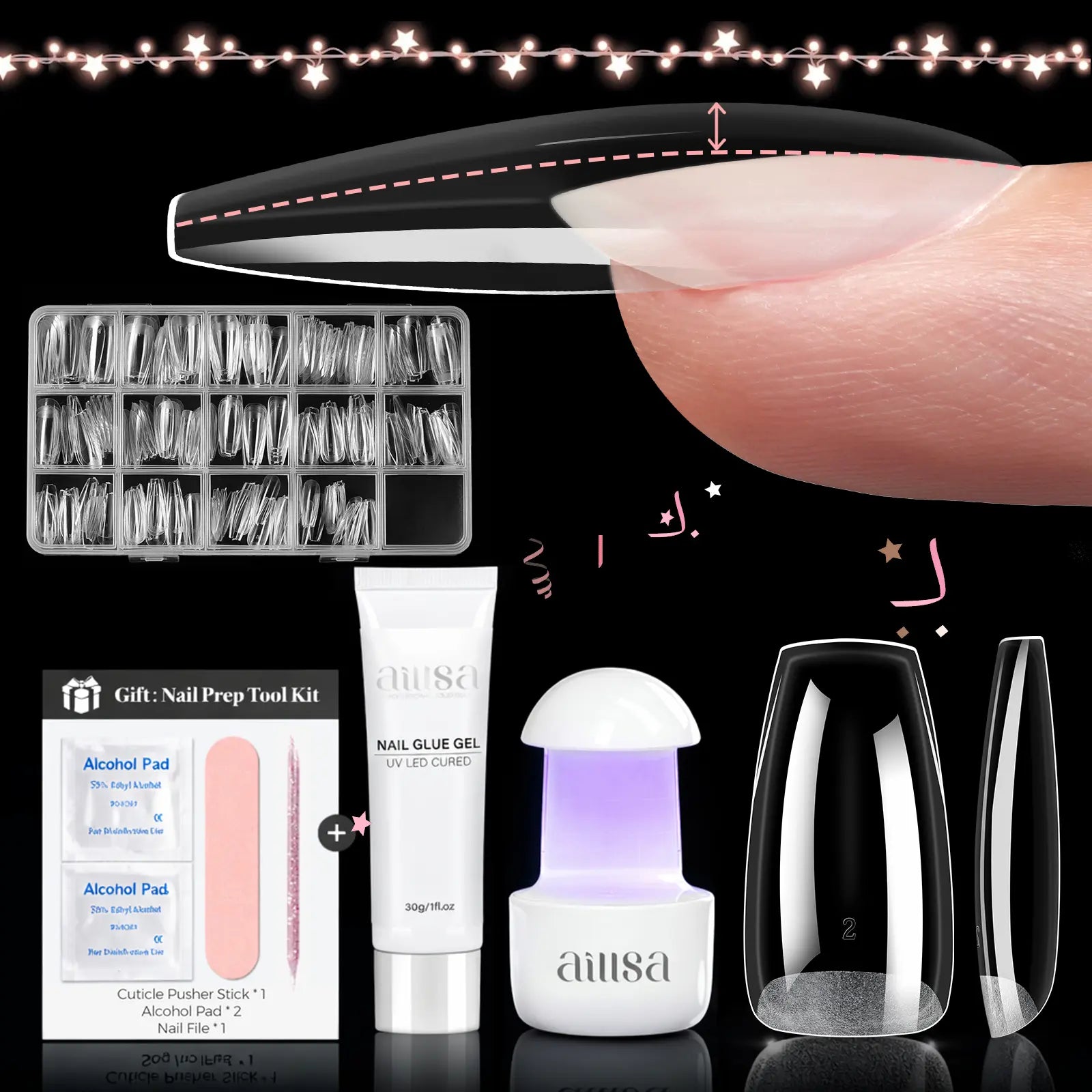 Aillsa Staybond Press on Nail Kit with Gel Glue & UV Lamp