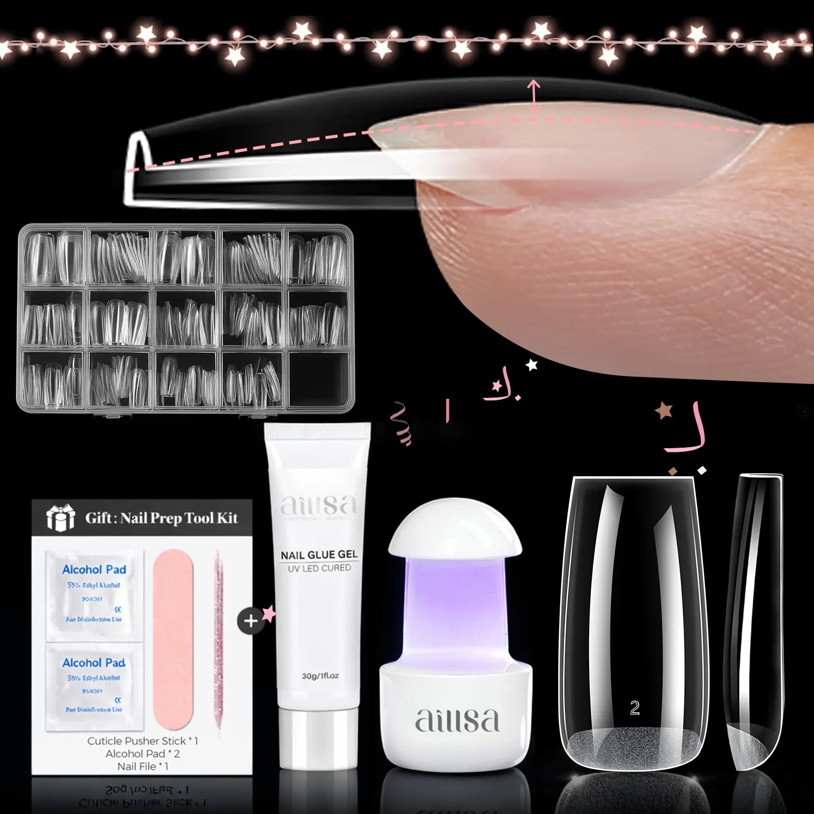 Aillsa Staybond Press on Nail Kit with Gel Glue & UV Lamp