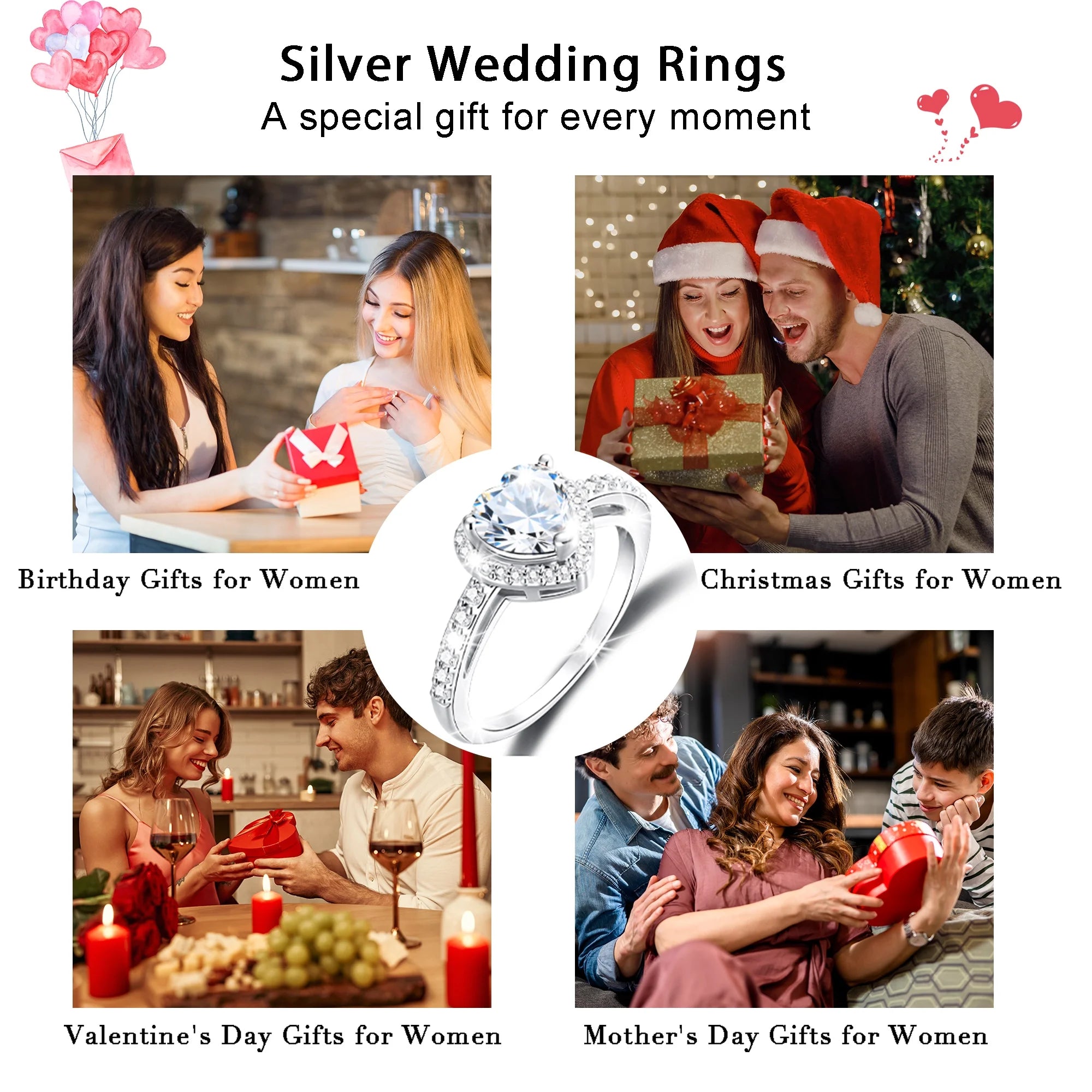 Sterling Silver Plated Love Heart Rings for Women