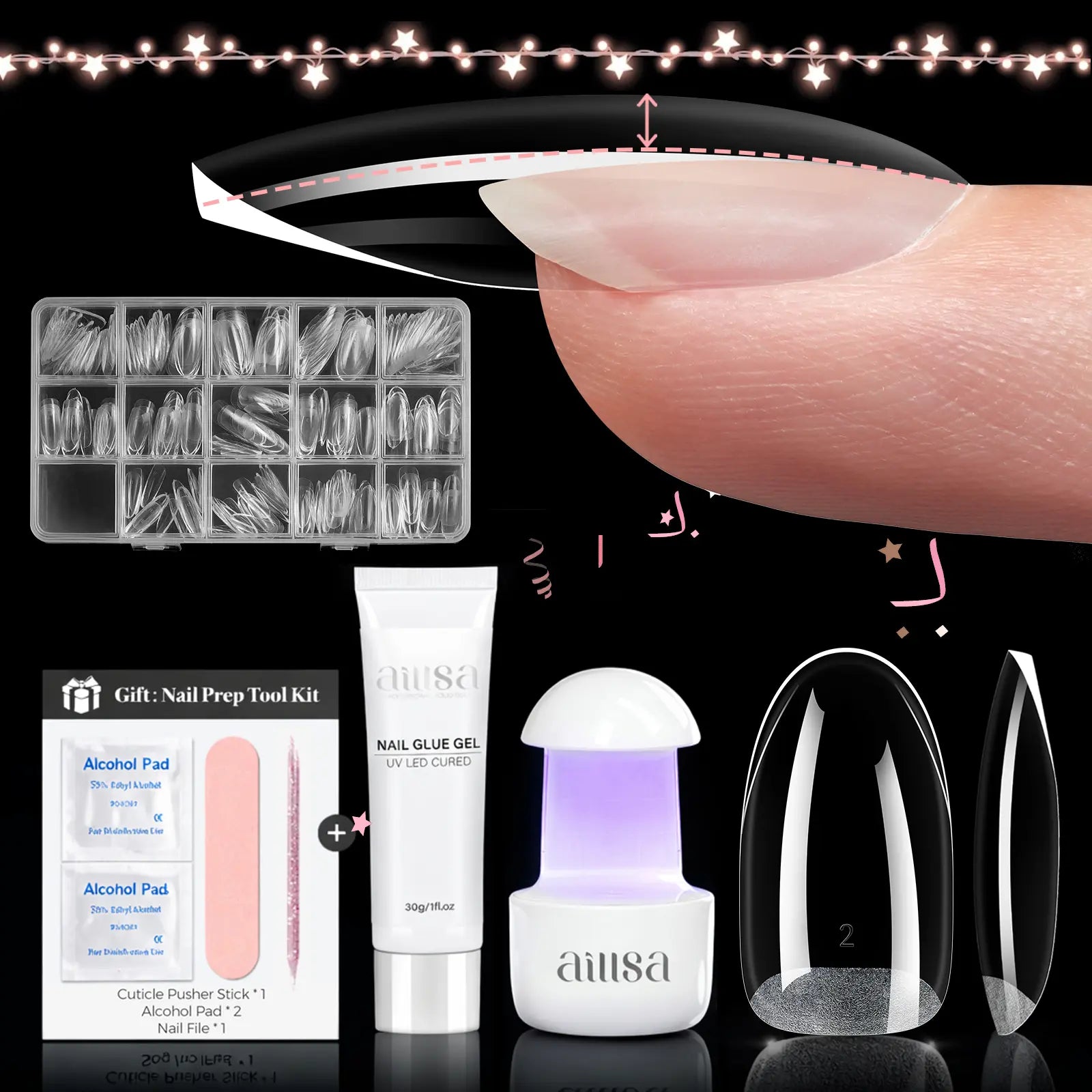 Aillsa Staybond Press on Nail Kit with Gel Glue & UV Lamp
