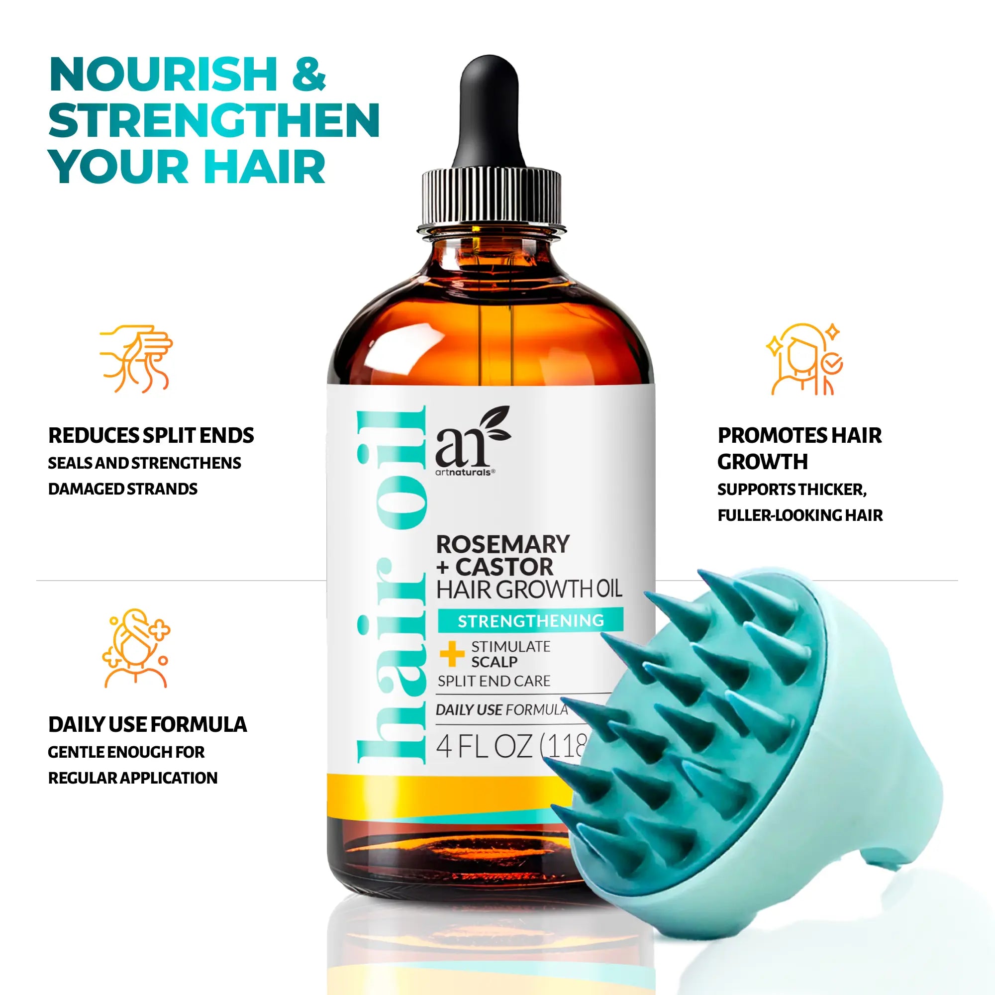 Artnaturals Organic Rosemary Castor Oil Hair Growth Kit with Comfort Scalp Brush